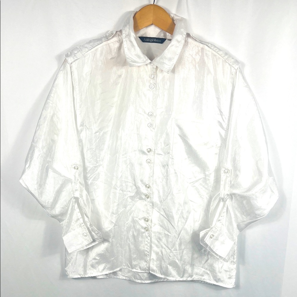 VINTAGE 90’s ASHLEIGH MORGAN Women’s Button Up‎ White Blouse Medium Polyester